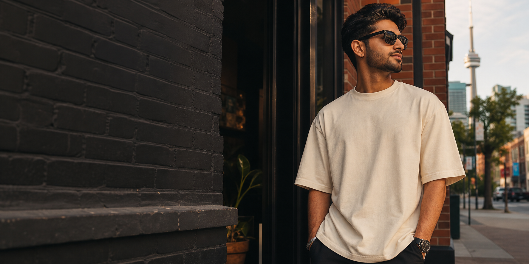 South Asian model wearing a cream T-shirt on a Toronto street